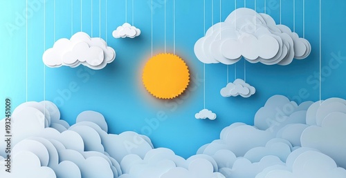 Whimsical paper-cut sky with layered white clouds, hanging cloud cutouts and a bright scalloped yellow sun on a vivid blue background, cheerful and playful