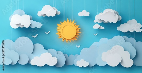layered paper clouds and bright yellow sun suspended by strings over a blue sky with small birds, cheerful and playful mood