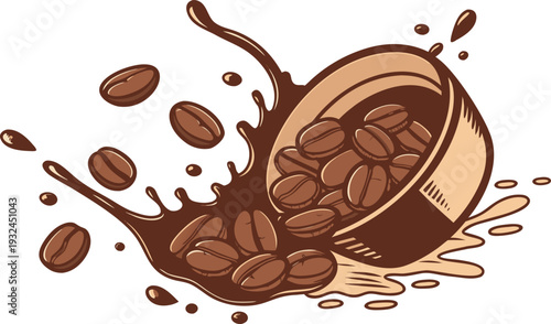 Coffee beans spilling from a ceramic cup with a dynamic liquid splash in a clean vector illustration style isolated on a white background