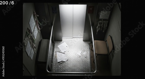 Interior of an empty, abandoned elevator, papers scattered on the floor, with  school/office style seating and posters on the walls.