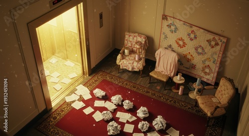 Interior of an old building hallway, crumpled papers scattered on the floor, vintage elevator, and patchwork quilt.