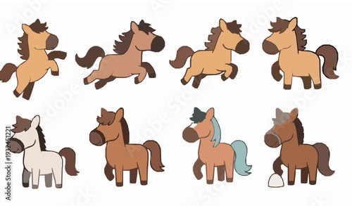 Cute Cartoon Horse Collection Prancing Pony and Running Stallion Vector Set