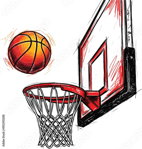 Vibrant hand drawn illustration of a basketball flying towards a hoop and backboard