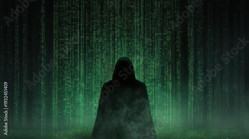 Silhouetted hooded figure in a dark cloak before cascading green binary code with foggy ground, evoking an ominous and mysterious cyber threat