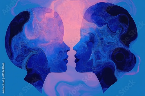 Two abstract blue human profiles facing each other with swirling marbled interiors and soft pink glow, evoking intimate reflective connection and contemplative calm
