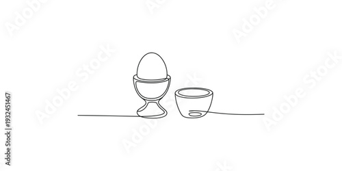 Minimalist line drawing of a soft boiled egg in a ceramic egg cup and a side bowl