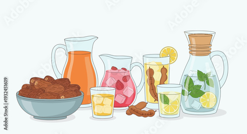 Assortment of Refreshing Ramadan Beverages and Dates for Iftar.