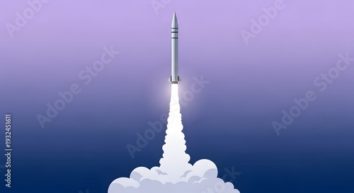 Minimalist flat design 2D illustration of a ballistic missile launching vertically with a purple-to-dark-blue gradient sky background, soft white smoke trail
