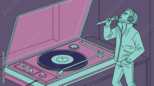 Man singing into microphone next to vintage record player vector illustration