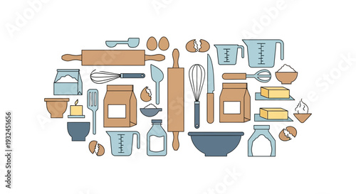 Baking Essentials A Colorful Collection of Tools and Ingredients.