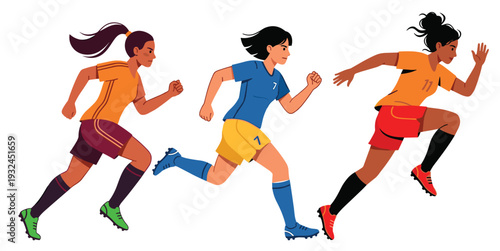 Set of Women Running in Different Poses Athletic Female Runners Sports Fitness Vector Illustration Collection