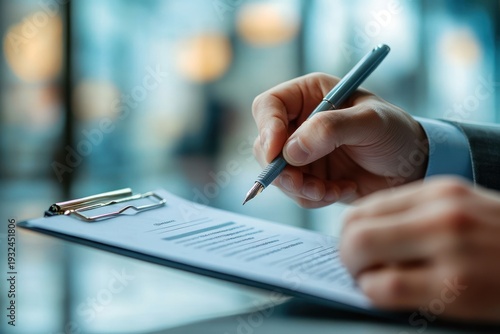 close-up of hands holding a metal pen poised above a clipboard with printed document, suit sleeve visible, focused professional moment in blurred office bokeh