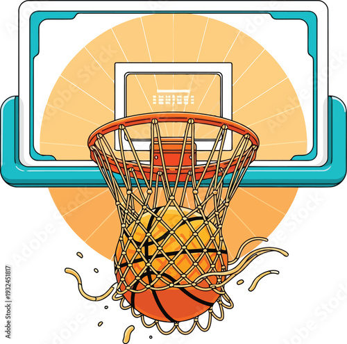 Basketball falling through a hoop net with a backboard in a stylized graphic illustration.