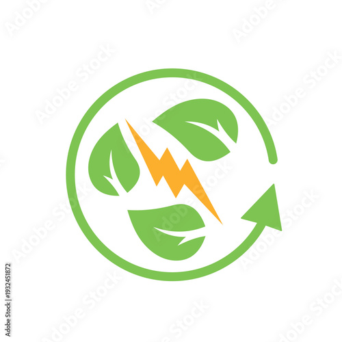  Yellow lightning and green leaves in motion. Eco friendly source.Vector linear icon illustration isolated on white background.
