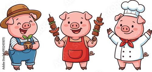 Cute Pig Characters Collection with Farmer, Barbecue Grill Master and Chef Cartoon Vector Illustration Set