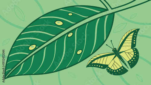 Butterfly and green leaf illustration featuring a stylized insect flying near a spotted foliage branch in a minimalist flat vector nature background scene.