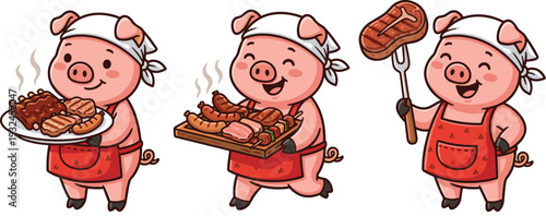 Pig Chef Character Collection Holding Barbecue Ribs and Grilled Meat Isolated on White Background Food Mascot Vector Illustration Set