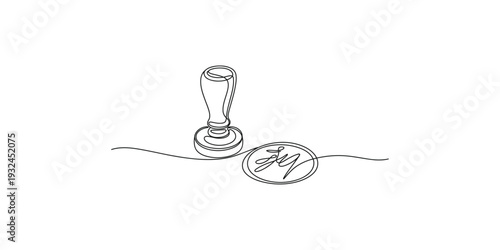 Minimalist continuous line drawing of a classic wooden rubber stamp and its circular imprint