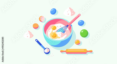 Baking Illustration Bowl with Eggs Whisk Spoon and Rolling Pin.
