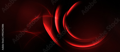 Abstract red lines, curves, shapes dominate dark background. Dynamic composition creates modern visual impact. Smooth gradients present energy.