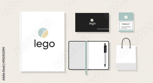Branding and corporate identity elements, including a notebook, business card, and shopping bag, all with a logo.