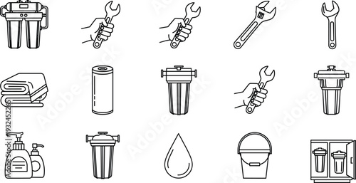 Collection of water filtration and maintenance icons including filters, wrenches, cartridges, towels, and droplets, designed for plumbing, cleaning, instructional, and educational resources.