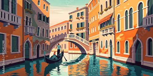 Romantic Venetian canal scene with gondola and historic buildings
