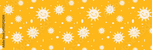 Bright yellow seamless pattern featuring cute smiling sun faces and playful dots, perfect for summer themes, kids products, nursery decor, fabric, and cheerful backgrounds.