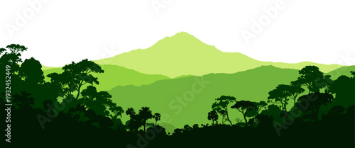 Green tropical jungle landscape with layered mountains and forest silhouettes, detailed vector illustration ideal for eco designs, travel graphics, nature backgrounds, and environmental themes