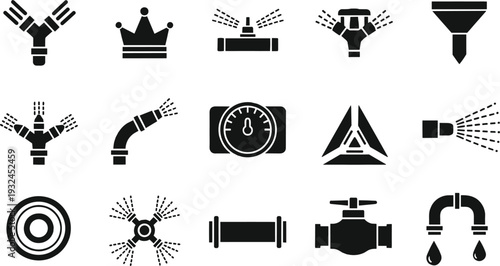 Set of irrigation and plumbing system icons featuring sprinkler heads, nozzles, pipes, valves, gauges, and connectors for technical illustration, water distribution design, and educational resources.