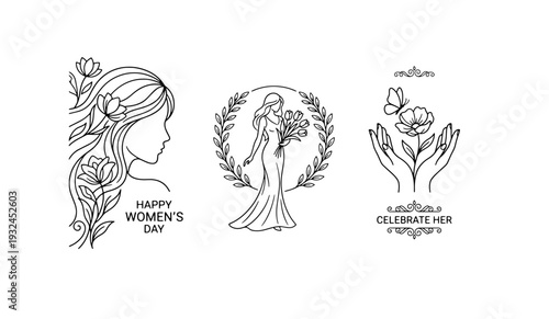 Hand drawn vector illustration of a woman in vintage sketch style with decorative emblem design