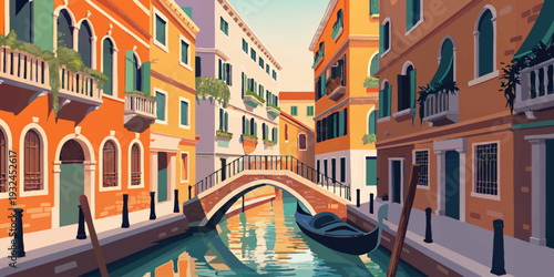 Colorful Venice canal scene with gondola and bridge
