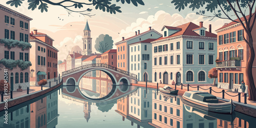 Serene canal scene with historic bridge and colorful buildings