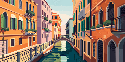 Venice canal scene with colorful buildings and bridge