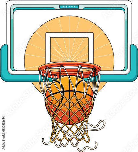 A basketball falling through a hoop with a white backboard and orange circular background.