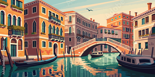 Venice cityscape with gondolas and bridge over canal