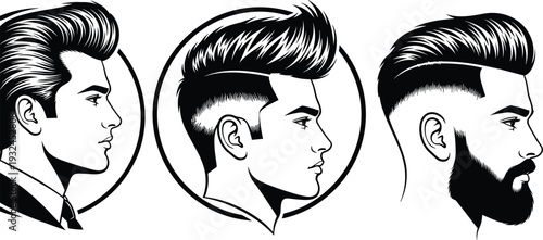 Stylized male profile illustrations featuring slicked-back, pompadour, and fade hairstyles with beard variations, modern grooming design for barbers, hairstylists, fashion, and branding resources.