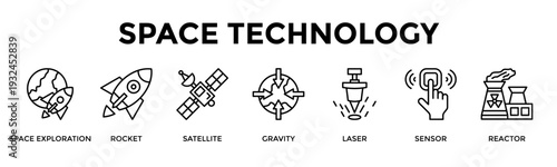 Space Technology Banner Web Icon Set Collection Pack Vector Illustration Concept For Space Exploration, Rocket, Satellite, Gravity, Laser, Sensor, Reactor