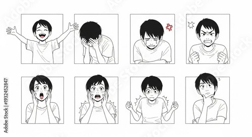 Comic strip of a person displaying various emotional expressions in a sequence.