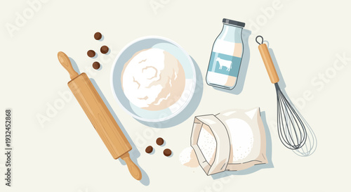 Baking Ingredients and Tools Flour Milk Rolling Pin and Whisk.