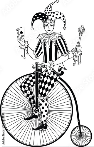 Antique Harlequin Jester on Penny Farthing Bicycle Holding Playing Card and Scepter Detailed Black and White Vector Illustration
