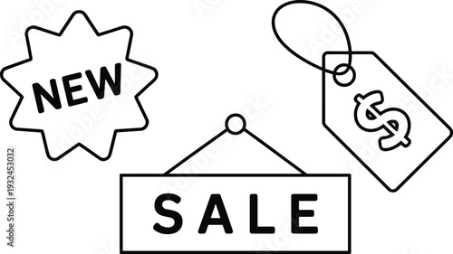 New sale tag and starburst with dollar sign price tag Keywords: new, sale, tag, price tag, dollar sign, shopping, retail