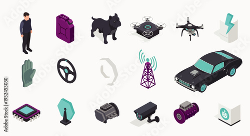 Isometric icons set, technology and lifestyle objects, including car, drone, dog, person, and electronic components.