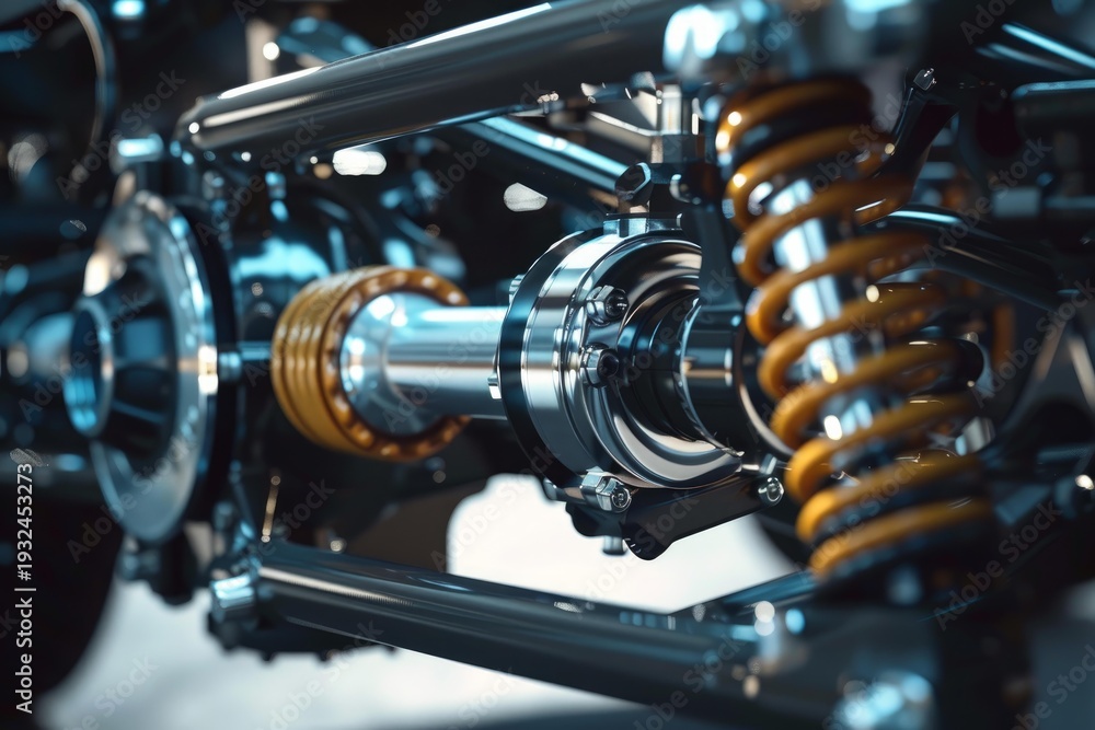 Fototapeta premium Close up of chassis, showcasing shock absorbers, drive shaft, and other components, highlighting engineering and mechanics