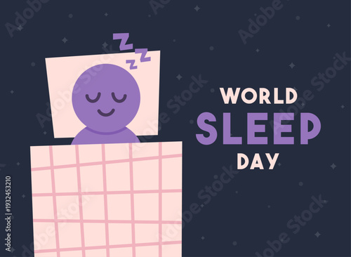 World Sleep Day vector illustration. Person sleeping comfortably in bed with blanket. Healthy sleep habits and relaxation concept. March. Banner, card, and background.
