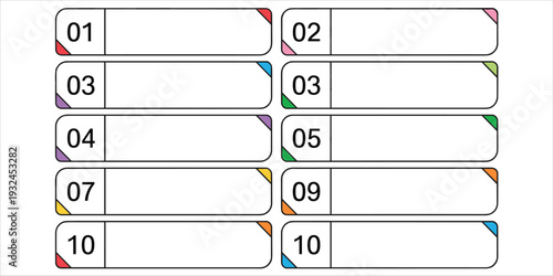 Numbered Rectangular Labels with Colored Corner Flags in Two Columns numbers tags