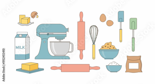 Baking Ingredients and Tools Illustration Mixer Rolling Pin Whisk and More.