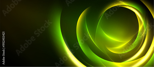 Abstract background features swirling luminous shapes. Green, yellow hues dominate dark space. Dynamic composition creates depth, energy.