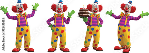 Funny Circus Clown Character Set with Colorful Polka Dot Costume and Birthday Cake Cartoon Vector Illustration