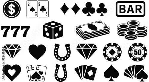 Set of nineteen stylized black casino and gambling icons symbolizing slot machines poker chips playing cards dice and lucky motifs for betting app interface design.